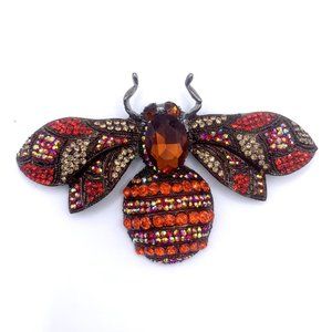HUGE Cute 3D Red Rhinestone Large Insect BEE Brooch Pin 4"x2.5" Animal Retro
